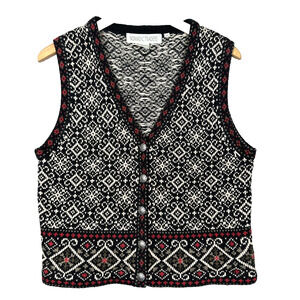 Nomadic Traders Sweater Vest Womens M Black White Nordic Buttons Knit Snowflake